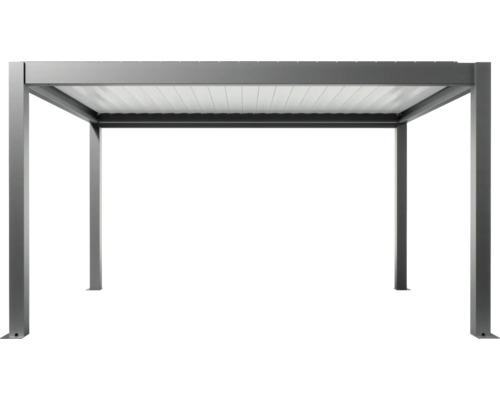 Volně stojící šedá pergola s lamelovou střechou.