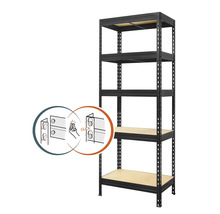 Černý kovový regál s pěti policemi a ilustrací pro snadnou montáž.