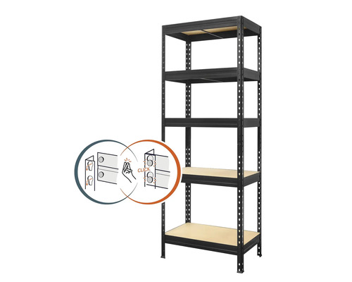 Kovový regál Kovona Praktik VRPRV1800753505C0001 1800x750x350 mm 5 polic černý Černý kovový regál s pěti policemi a ilustrací pro snadnou montáž.