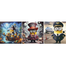 Tři vyobrazení Mimoňů v různých kostýmech: piráti, ředitel cirkusu a pilot.