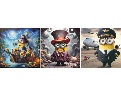 Nástěnný obraz sada Mimoni 30 x 90 cm Tři vyobrazení Mimoňů v různých kostýmech: piráti, ředitel cirkusu a pilot.