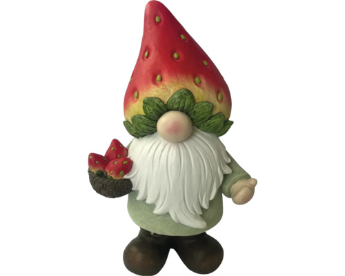 Zahradní trpaslík s jahodovým kloboukem a jahodami v košíku