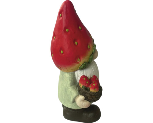 Zahradní trpaslík s jahodovým kloboukem a košíkem