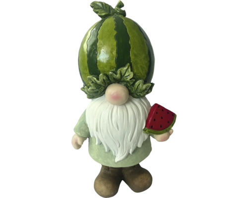 Zahradní trpaslík s melounem jako hlavou a melounem v ruce