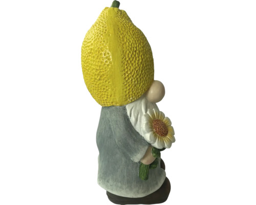 Zahradní trpaslík s citronem jako hlavou a slunečnicí v ruce