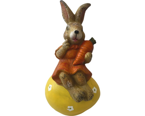 Dekorativní figurka zajíčka s mrkví na žlutém vejci pro Velikonoce