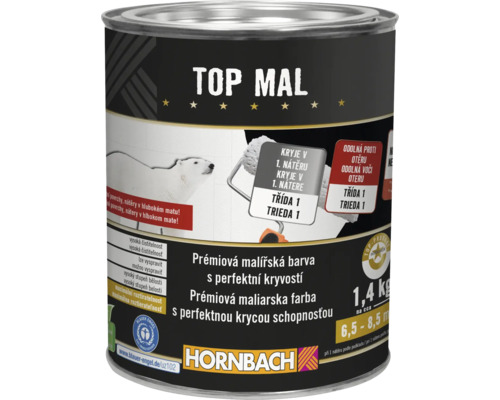 Kbelík s barvou s nápisem Top Mal, vhodný pro povrchy a nátěry v hlubokém matu
