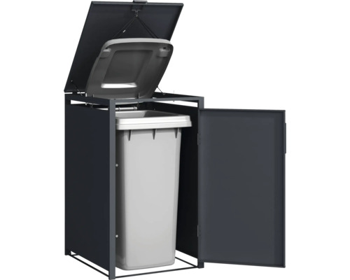 Kontejner na popelnice s otevřeným víkem a dveřmi s popelnicí