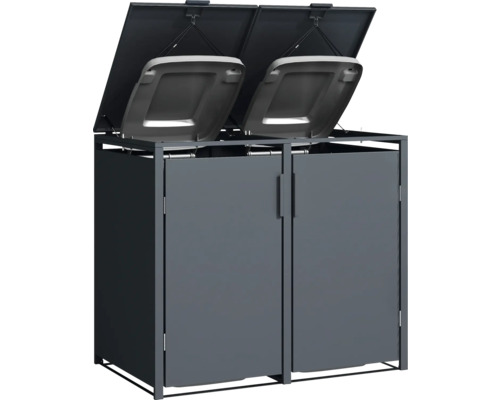 Dvojitý box na odpadkové koše s otevřenými víky pro venkovní skladování