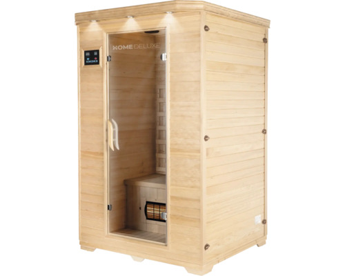 Dřevěná sauna se skleněnými dveřmi a digitálním ovládacím panelem