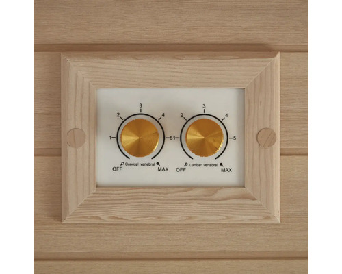 Detail ovládacích prvků sauny pro nastavení intenzity pro krční a bederní páteř