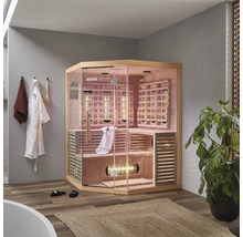 Rohová infra sauna Home Deluxe se skleněnými dveřmi a dřevěným obložením v koupelně