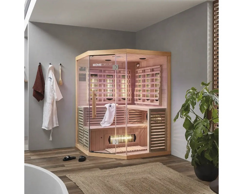 Rohová infra sauna Home Deluxe se skleněnými dveřmi a dřevěným obložením v koupelně