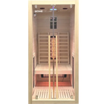 Vnitřní pohled na infrasaunu Home Deluxe s dřevěnými lavicemi a topnými tělesy.