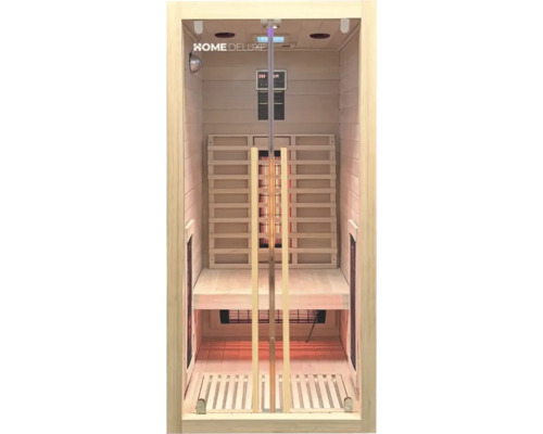 Vnitřní pohled na infrasaunu Home Deluxe s dřevěnými lavicemi a topnými tělesy.