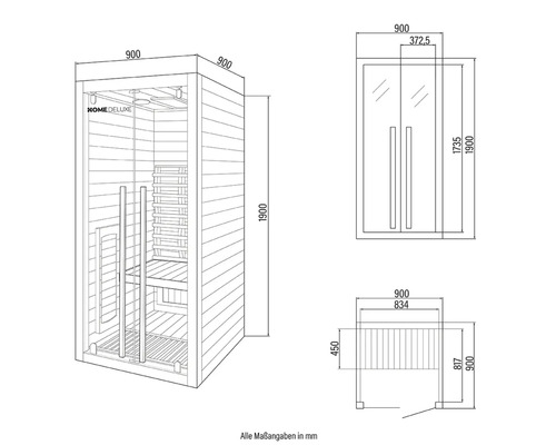 Technický výkres sauny Home Deluxe s rozměry