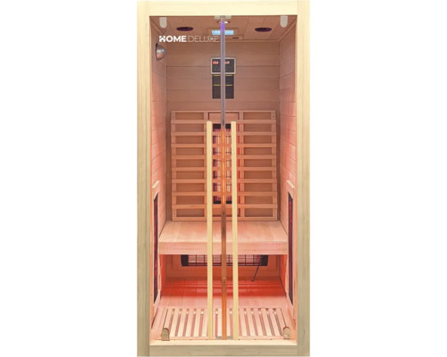 Vnitřní pohled na infračervenou saunu s dřevěným obložením, sedadly a digitálním ovládáním