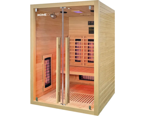 Infračervená sauna s prosklenou přední stěnou a dřevěným obložením značky Home Deluxe