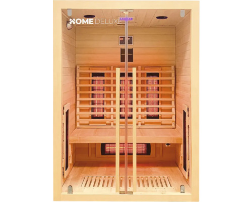 Vnitřní pohled na dřevěnou saunu s lavicí a topnými panely