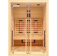 Vnitřní pohled na infračervenou saunu s dřevěnými lavicemi a zářiči