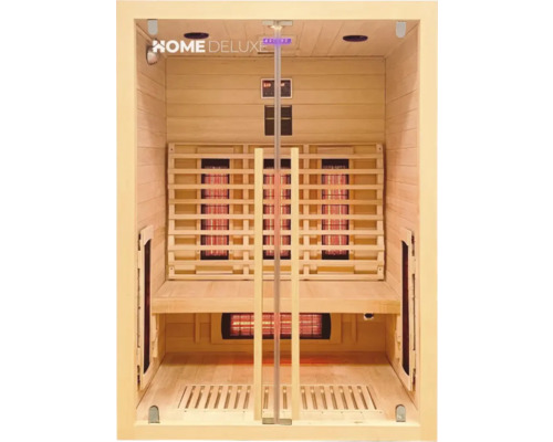 Vnitřní pohled na infračervenou saunu s dřevěnými lavicemi a zářiči