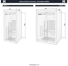Porovnání velikostí variant infračervené kabiny SONORA S a M s rozměry