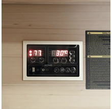 Ovládací panel sauny s digitálním displejem a bezpečnostními informacemi