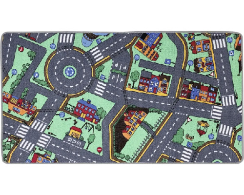 Koberec na hraní se vzorem ulice, budovami a dopravními značkami