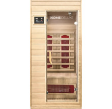 Vnitřní pohled na dřevěnou infrasaunu se skleněnými dveřmi a ovládacími prvky