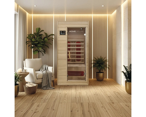 Infračervená sauna v světlé, moderní místnosti s dřevěnou podlahou a rostlinami