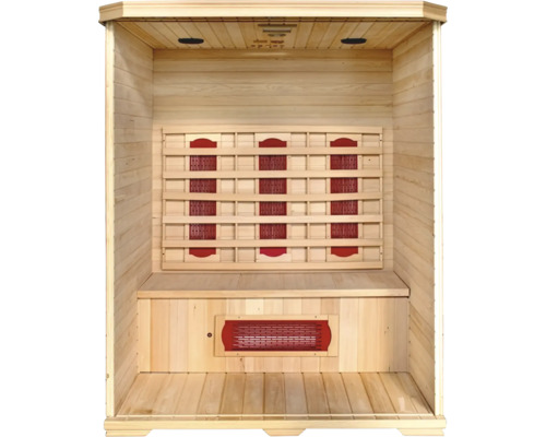 Vnitřní pohled na dřevěnou saunu s infračervenými zářiči