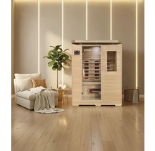 Infračervená sauna s lavicí a infračervenými zářiči ve světlé místnosti s dřevěnou podlahou