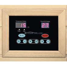 Ovládací panel sauny s ukazatelem teploty, časovačem a logem Home Deluxe