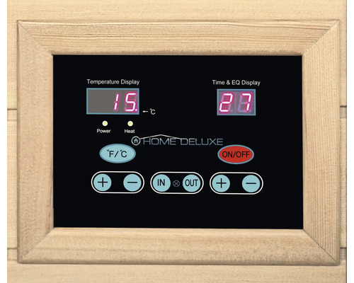 Ovládací panel sauny s ukazatelem teploty, časovačem a logem Home Deluxe