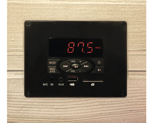 Černý audio modul s digitálním displejem a ovládacími prvky.