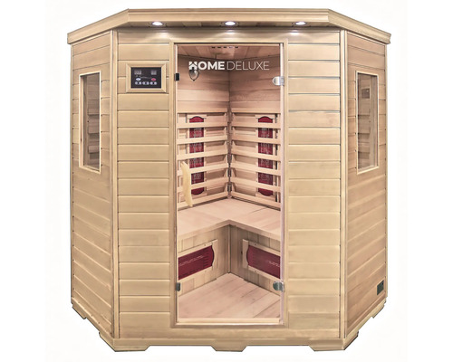 Dřevěná infra sauna se skleněnými vstupními dveřmi a ovládacím panelem