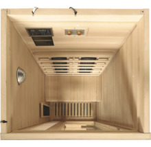 Vnitřní pohled na saunu s ovládacím panelem, reproduktorem a infračervenými zářiči