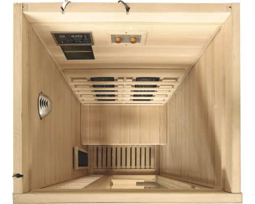 Vnitřní pohled na saunu s ovládacím panelem, reproduktorem a infračervenými zářiči