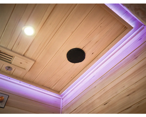 Strop sauny s osvětlením, reproduktorem a ventilací