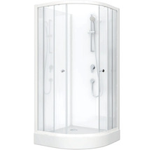 Rohová sprcha se skleněnými dveřmi a sprchovou baterií