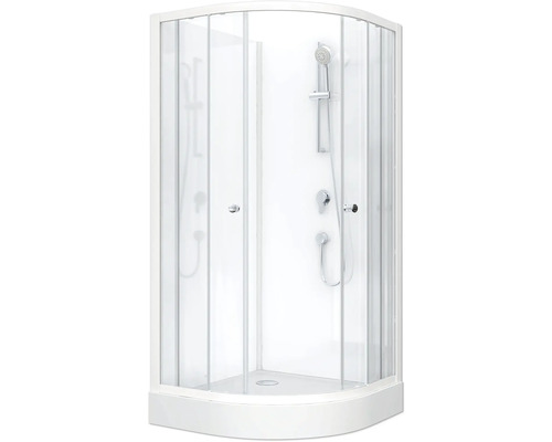 Rohová sprcha se skleněnými dveřmi a sprchovou baterií