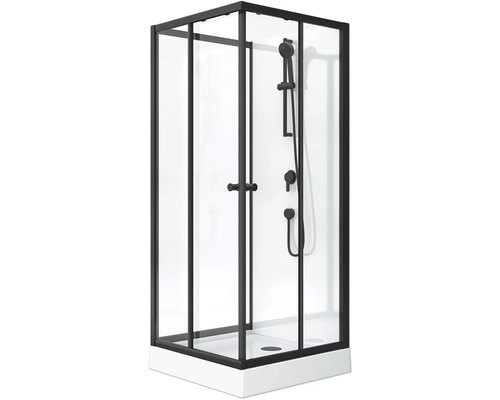 Sprchový kout s černým rámem, ruční sprchou a armaturou