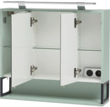 Otevřená závěsná koupelnová skříňka se skleněnými policemi a integrovaným osvětlením