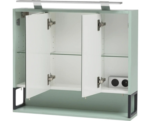 Otevřená závěsná koupelnová skříňka se skleněnými policemi a integrovaným osvětlením