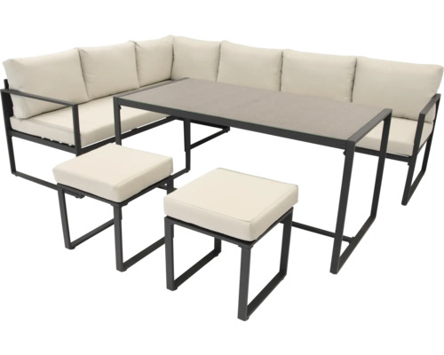 Zahradní nábytek s rohovou lavicí, stolem a stoličkami