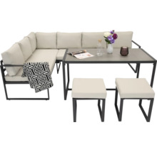 Zahradní sedací souprava s rohovou pohovkou, stolem a dvěma stoličkami