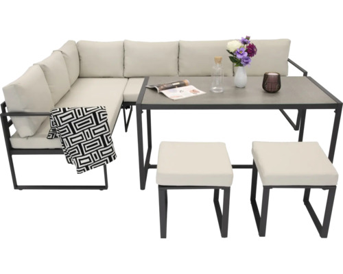 Zahradní sedací souprava s rohovou pohovkou, stolem a dvěma stoličkami