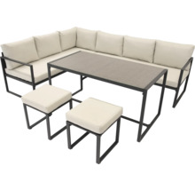 Zahradní sedací souprava s rohovou pohovkou, stolem a dvěma stoličkami