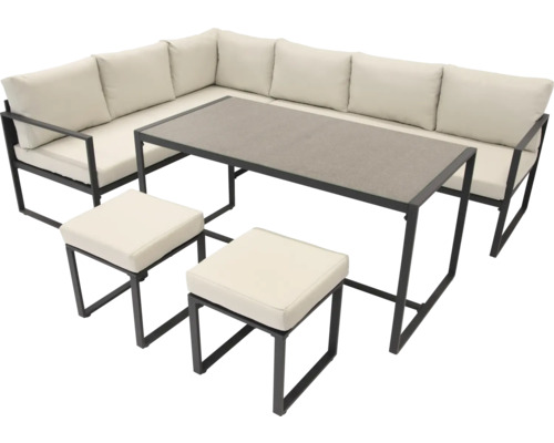 Zahradní sedací souprava s rohovou pohovkou, stolem a dvěma stoličkami