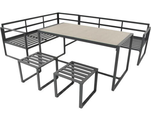 Zahradní sedací souprava se stolem, rohovou lavicí a dvěma stoličkami